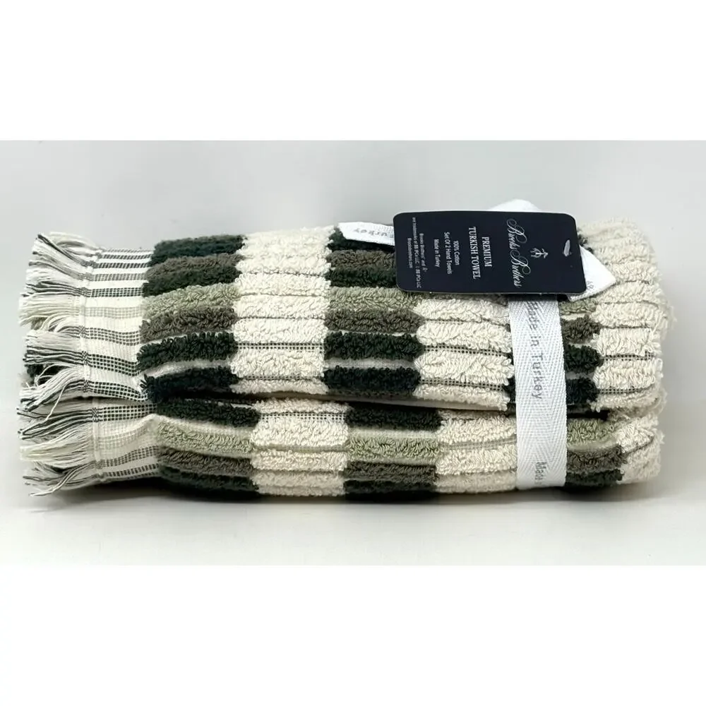 Brooks Brothers Turkish Cotton Mosaic Tile Hand Towels Greens Cream Multi Fringe
